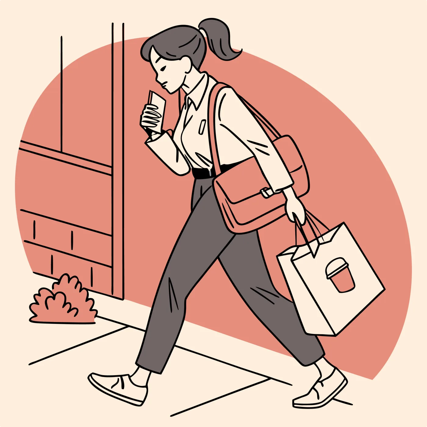 Illustration of Soojin walking with a shopping bag while checking her phone